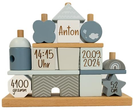Steckspiel Stapelspiel Haus Traumhaus - - mit Name und Geburtsdaten - Personalisierbar - Geschenk zur Geburt - Geschenk zur Taufe - Holzspielzeug - Individuelles Holzspielzeug - Blau