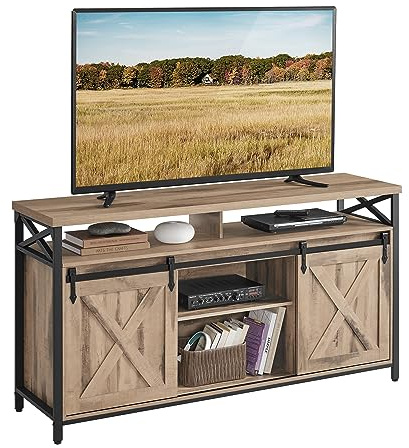 VASAGLE Meuble TV, Support pour Téléviseur Jusqu’à 65 Pouces, avec Étagères Réglables, Portes Imitation Grange, Style Rustique, Cadre en Métal, Marron Camel et Noir Simple LTV071B50V1