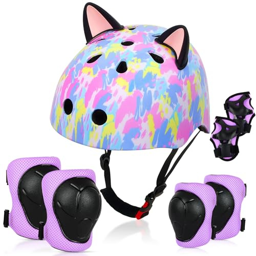 Kids Helmet, Bike Helmets for Kids 3-8-14 with Knee Pads and Elbow Pads Wrist Guards, Adjustable Youth Girls Bike Helmet with DIY Cat Ears Skateboard Helmet for Scooter Skating Cycling