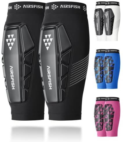 AirsFish Football Shin Pads Sleeves, PU Shock Core & Silicone Grip Strips, Ultra-Light Breathable Shin Defender, Lightweight Shin Guards for Kids