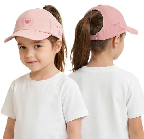 OhMill Girls Baseball Hat with Ponytail Hole Kids Sun Visor Ponytail Cap Beach Baseball Hat Girls Sun Hats for Kids 3-8 Pink