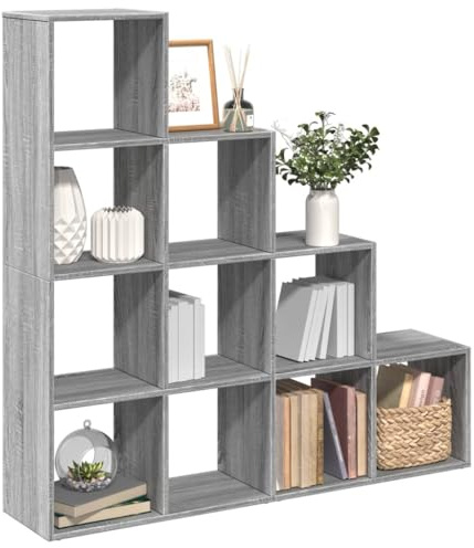 Nusvialune rumsavdelare bokhylla av trämaterial grå Sonoma, 4 nivåer trapphylla med 10 fack 131,5 x 29 x 131,5 cm, fristående som stående hylla för vardagsrum kontor arbetsrum