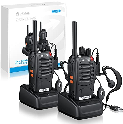 eSynic Walkie Talkie Lizenzfrei PMR446 16 Kanäle Funkgeräte Wiederaufladbarer VOX Radio PMR 0,5 W Funkempfang 16 Kanäle Sprechfunkgerät Mit USB-Ladestation und Headset (2 Stück)