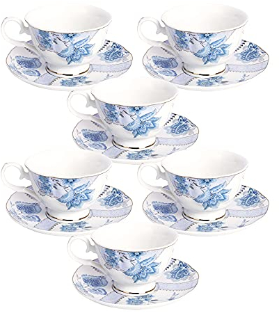 fanquare Blue Floral Tea Cup and Saucer Set of 6 (150ml), British Porcelain Cappuccino Coffee Cups with Gold Border for Birthday, Wedding and Party
