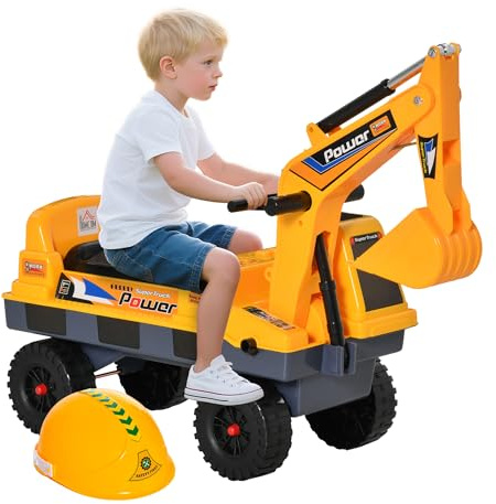 Homcom Kinder Tritor Lauflernhilfe Traktor 2 – 3 Jahre Bagger mit Gelenk, mit Zange inkl. Soundeffekte, Polypropylen, Gelb