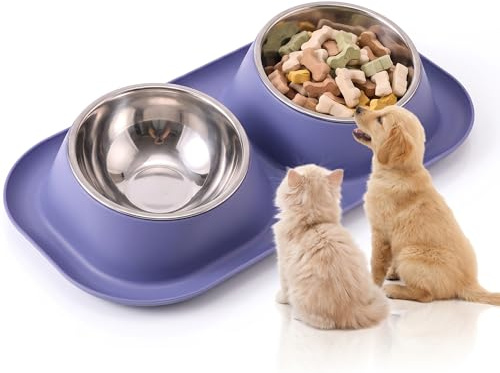 Suhaco Double Dog Bowl Raised Dog Food Bowl Non Slip Stainless Steel Double Bowls with Non-spill for Small Dogs and Cats (Blue-Purple)