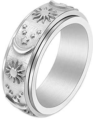 Mesnt Damenring Silber, Spinner-Ring Mit Sonne-Mond-Stern-Gravur Zum Stressabbau Silber Größe 52 (16.6)