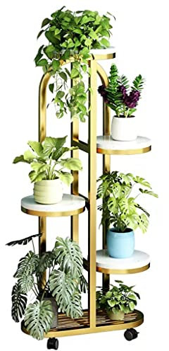 GIZNXBA 5 Etagen Blumenständer Fensterbank, Pflanzenständer Metall Blumenregal Balkon Blumenbank Für Draußen Pflanzentreppe Mit Rädern Pflanzenregal Blumentreppe Für Outdoor-Garten (Color : Gold)