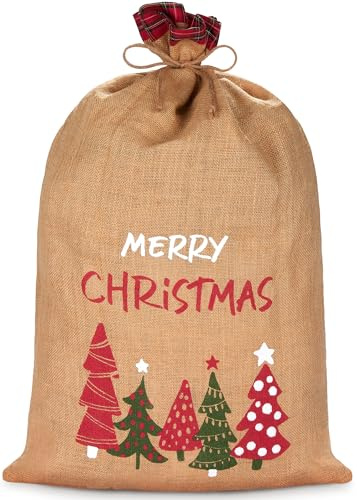 BRUBAKER Sacco di Natale 'Merry Christmas' - Sacco Regalo di Natale da 80 cm con Alberi di Natale - Sacco di Iuta di Babbo Natale con Corda per Avvolgere Regali
