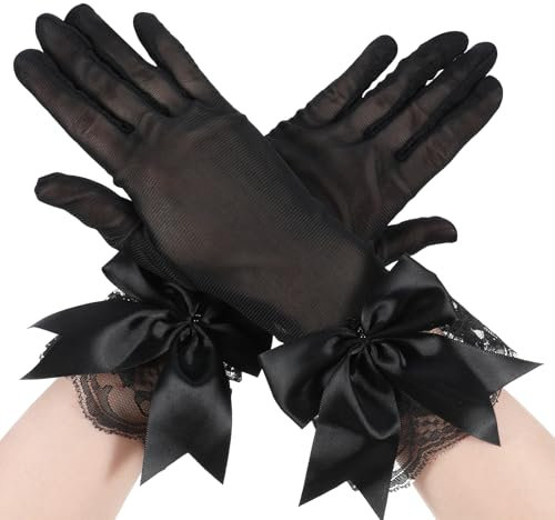 Spitzen Handschuhe Schwarze Netzhandschuhe Handschuhe mit Schleife Elegante Abgeschnitten Vintage Pitze Opern Handschuhe Rüschenhandschuhe Braut Handschuhe für Damen Hochzeit Teeparty Abschlussball