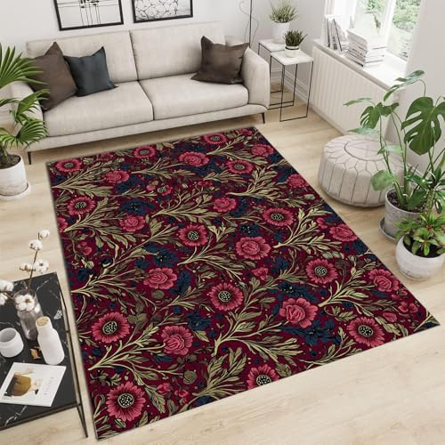 GDJSMIN Tappeto Salotto Motivi Floreali Complessi, Tappeto Antiscivolo Lavabile,Moderno Tappeti Camera Da Letto,Tappeti Petali Di Piante Per Cucina, Soggiorno,Ufficio,200×300Cm -Borgogna