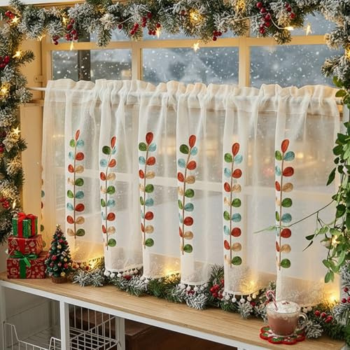 HNHNYXC Bistrogardine Ostern Scheibengardinen, Transparent mit Stickerei, Voile Kurzgardinen im Landhausstil, Weihnachtsdekorationen für Küche und Kleine Fenster, Gardinen Weiß mit Blätter Pompom