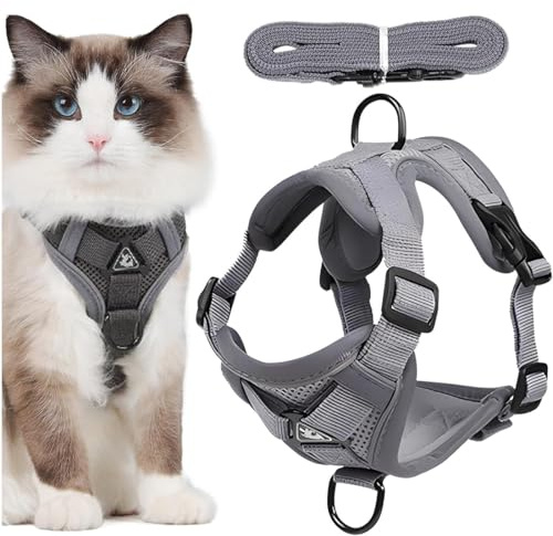 JYNVO Arnés para Gatos con Correa antiescape, Ajustable, con Franjas Reflectantes y Malla Transpirable, Seguro y cómodo para Gatos, Gatitos y Cachorros (Gris-M)