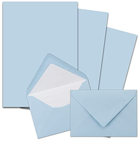 25x Briefpapier-Sets DIN A4 mit C6 gefütterten Briefumschlägen, Nassklebung - Hellblau - mattes Schreibpapier und Kuverts mit weißem Seidenfutter