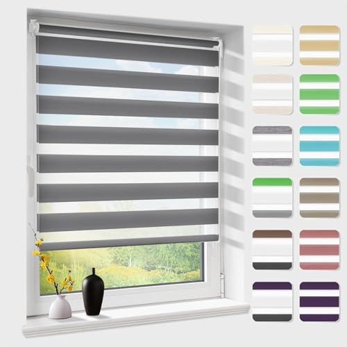 Doppelrollo klemmfix ohne Bohren, Duo Rollos für Fenster & Tür mit Bohren, Anthrazit B70 x H120cm (Stoffbreite 70 cm), Fensterrollo lichtdurchlässig & verdunkelnd, Klemmrollo Sonnenschutz