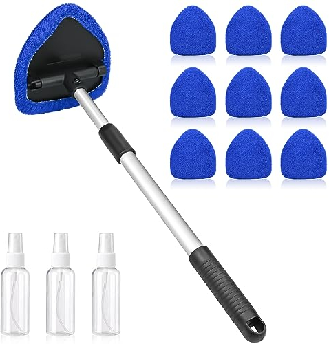 Car Windscreen Cleaner, Expandable Car Window Cleaner with 9 Reusable Microfiber Triangle Pads & 3 Pray Bottles Auto Windshield Cleaning Tool with Detachable Handle (Blue)