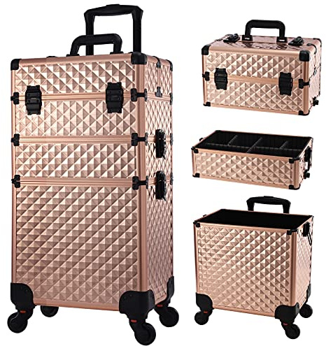 Stagiant Professional Makeup Trolley Box 3 Tiers Vanity Rolling Case Cosmetic Organiser Box Beauty Case On Wheels Storage Case Lockable with Locks, Rose Gold