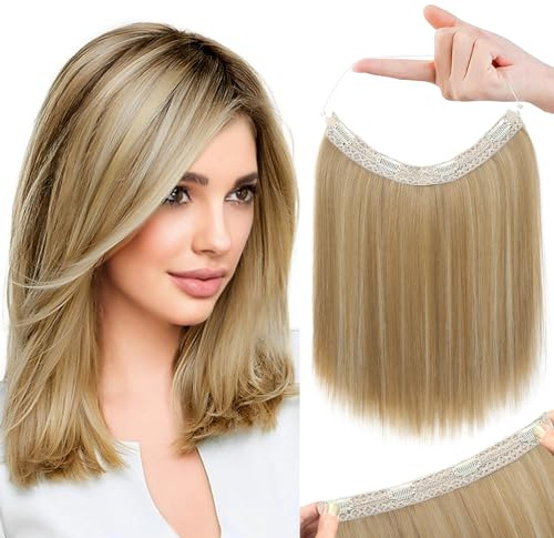 REECHO Invisible Wire Hair Extensions with Thinner Softer Lace Weft 12 Short Straight Clips in Secret Hairpiece for Women 12 Inch (Pack of 1) - Golden Blonde with Highlights