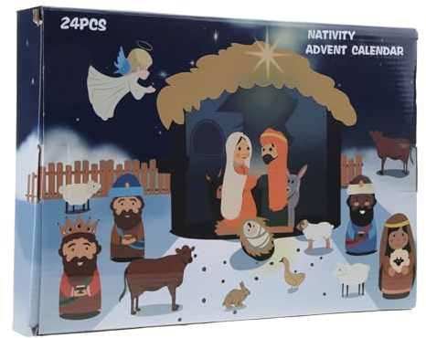 Weihnachtskrippe Adventskalender 24 Harz Miniaturen Heilige Familie Magi Geschenk für Jungen und Mädchen geeignet für Kind Krippenfiguren