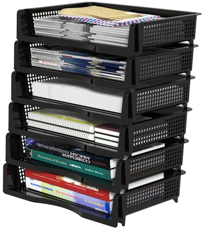 Vcansay 6 Tier Plastic A4 Size Document Trays, Office Stackable Letter Paper File Trays, Black