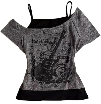 T-shirt Emo Grunge Femme Vintage Y2K Faux 2 Pièces Guitare Graphique Manches Courtes Épaules Dénudées Crop Top