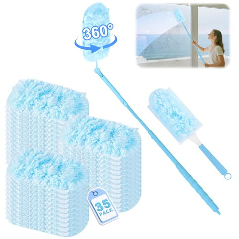 37 stycken för Swiffer dammmagnet påfyllningspaksset, 360° engångs magnet dammvippa för Swiffer Duster, för rengöring av djurhår damm smuts med teleskopstång (35 handdukar + 2 handtag, blå)