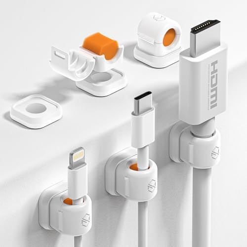 Sinjimoru Magnetic Cable Clips 6 Pack, Cord Organizer for Desk, White | cable management for car & nightstand, cable holder for USB C, Lightning & HDMI cords, 3M tape installation