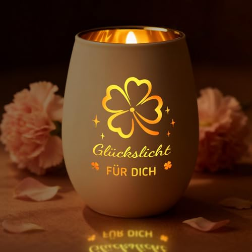 Glückslicht Windlicht aus Glas Personalisiert mit Gravur - Teelichthalter Geschenk für Frauen, Beste Freundin - Wellness Geschenk für Gute Besserung, Geburtstag & Valentinstag