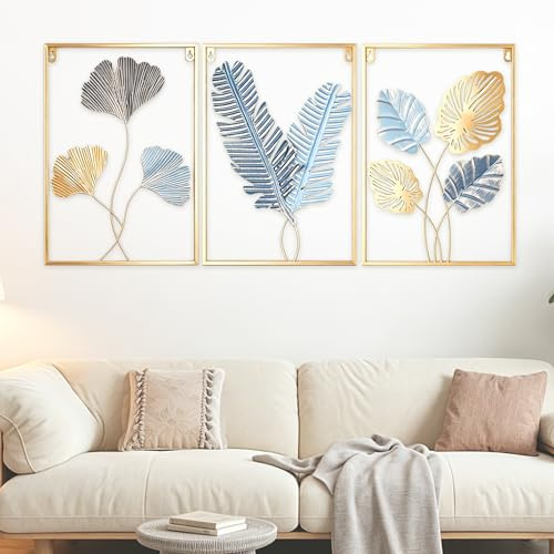 TECKZOON Juego de 3 decoraciones de pared de metal, cuadros de pared de 43 × 30 cm con marco dorado, decoración de pared moderna para dormitorio, cocina y oficina (dorado/azul, ginkgo, okra y hojas de