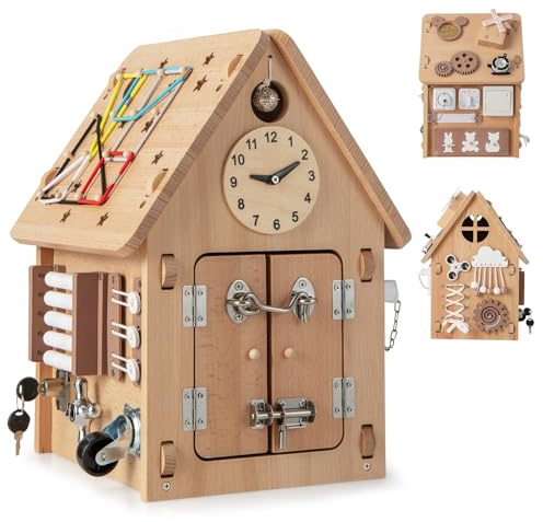 Maxmass Kids Busy House, Wooden Busy Board with Socket, Zipper, Sorter, Gears Switch, Clock, Wooden Sensory Toy Toddler Montessori Activity Boards Educational Learning Toys for 3+ Year Old Boys Girls