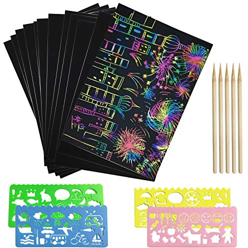 Kratzbilder Set für Kinder, Kratzpapier zum Zeichnen Schwarz Beschichtet Scratch Papier, Kritzelkarten für Kreativ Geschenk mit Schablonen, Bambus Stift (50 Kärtchen)