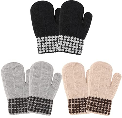QKURT 3 par vintervantar för småbarn, fodrade fleece-vantar helfinger termiska handskar magiska stretchhandskar stickade handskar för pojkar och flickor 1-3 år, Ljusgrå + beige+svart, 1-3 År