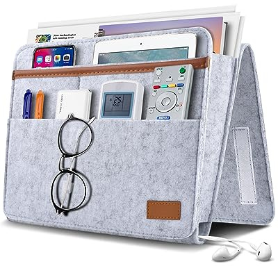 ERKOON Bedside Caddy Organiser, Bed Storage Pocket Felt Hanging Organizer Bag Anti-Slip, Magazine Phone Remote Holder for Home Bed Rails, Sofa, Bunk Beds - Grey