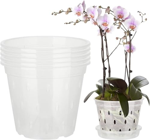 Iordan 5 Pack 7 Inch Orchid Pot, Clear Plastic Orchid Pots with Holes and Saucers Orchid Planter Flower Plant Pots for Indoor Outdoor Garden