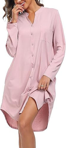 Vlazom Camisón de Cuello en V Camisón de Manga Larga de Algodón para Mujer Ropa de Dormir de Invierno con Botones y Bolsillos Laterales（L,Rosa）