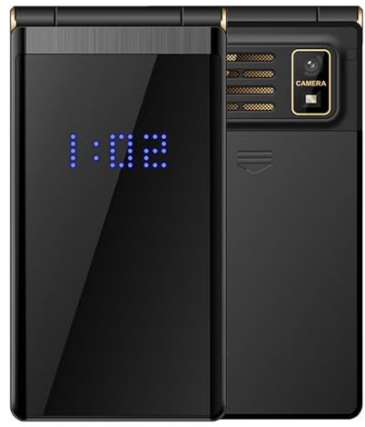 Upplåst hopfällbar telefon, stora knappar och hög volym, mobiltelefon för seniorer, robust, enkel mobiltelefon med SOS-knapp och ficklampa, två skärmar och två SIM-kort,