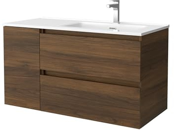 Salgar Mueble de Baño Bequia 90cm + Coqueta 1 Puerta Izquierda + Lavabo cerámica | Nogal |90x45x56