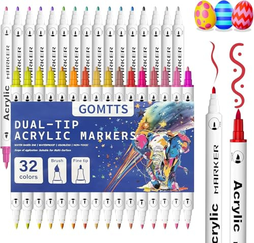 Acrylic Paint Markers, 32 Colors Dual Tip Acrylic Paint Pens with Brush Tip and Fine Tip for Rock Painting, Glass, Cards, DIY Crafts, Egg, Canvas, DIY Crafts Making Art Supplies