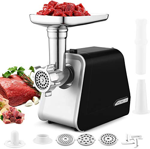 Nictemaw Picadora de carne eléctrica, 2000 W, con 3 discos perforados, accesorio para salchichas y pastelería para verduras, carne y galletas