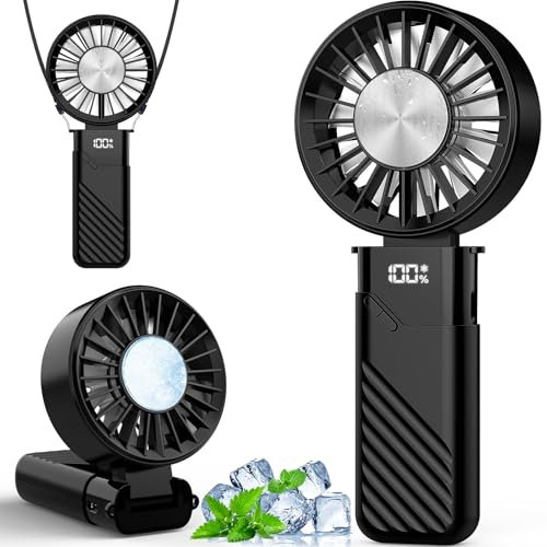 COZII Hand Held Fan Portable, Mini Handheld Fan Rechargeable 5000mAh, Up to 18Hours with Ice Cooling Fan, 5 Speeds Desktop Fans Foldable, Hanging Neck Fan for Travel, Office, Outdoor