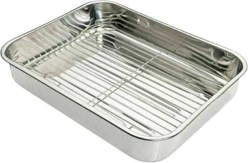 Roasting Pan with Rack Stainless Steel Baking Trays Heavy-Duty Roasting Tin Tray for Oven | Dishwasher Safe & Warp-Resistant, Large, 43 x 31 cm, Silver