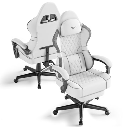 Ferghana Silla Gaming Ergonómica con Masajeador,Silla Gamer con Fabric Transpirable,Soporte Lumbar de Masaje,Reposacabezas,Reposapiés,Silla de Oficina,Silla Ergonómica de PC (Blanco,Tejido)