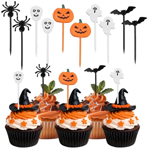 Wjelet 50Pcs Halloween Cake Decorations Edible Cupcake Toppers Pumpkin Ghost Bat and Spider Style for Fruit Cake Snacks Halloween Cake Toppers for Theme Party Baby Shower Kids Birthday