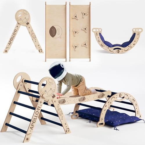 Apollo - Juego de escalada 5 en 1 para niños pequeños, inspirado en Apollo 11 de la NASA, escalera triangular, arco, tobogán y rampa, cojín y diseño espacial, plegable, para niños de 1 a 3 años