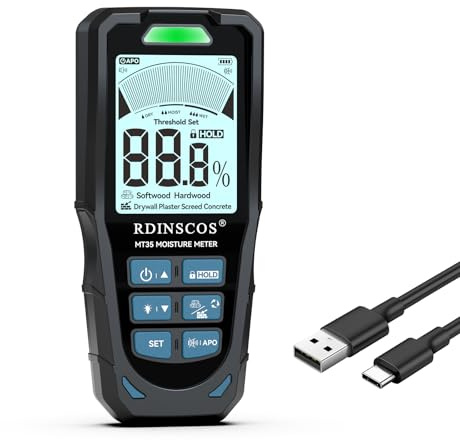 Pinless Moisture Meter for Drywall & Concrete – Digital Drywall Moisture Tester with 3-Color LCD Display, Audible Alarm & HOLD Function – Ideal for Firewood, Lumber, Home Inspections (Black)