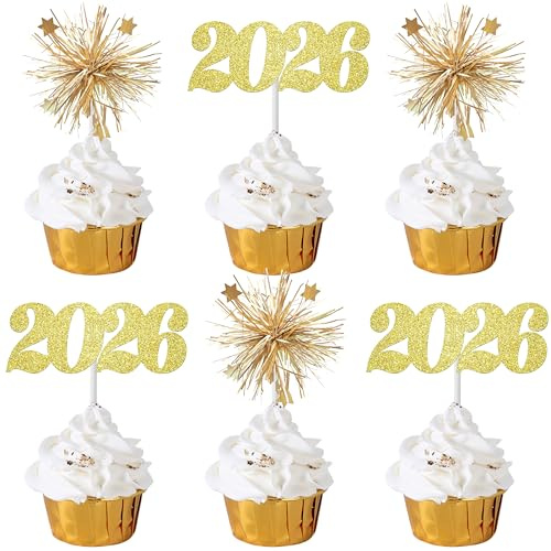 22pcs Gold Number 2026 Foil Firework Cupcake Toppers 2026 Happy New Year Party Cupcake Toppers New Years Eve Decorations for Hello 2026 New Year Theme Graduation Wedding Party Supplies