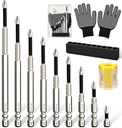 9 Pezzi High Magnetic Screwdriver Drill Bit Set Inserti per Avvitatore Professionali K5 Punte Avvitatore Magnetiche PH2 con Anello Magnetico per Trapani Elettrici e Avvitatori a Percussione (25-150 mm