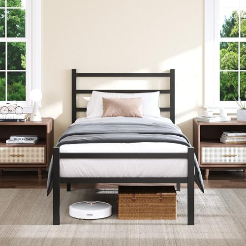 HOMBCK Metallbett 90x200, Metallrahmenbett, Gästebett, Einzelbett 90 x 200 cm mit Stauraum, Modern Bettgestelle, Jugendbett mit Lattenrost, Einfache Montage, für Schlafzimmer, Schwarz