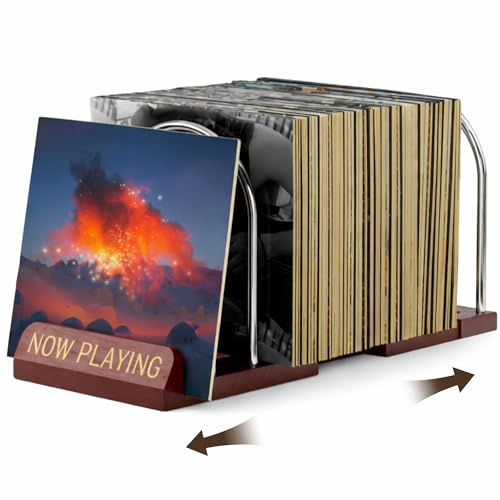 TVOOD Wooden Vinyl Record Storage Holder Expandable Now Playing Vinyl Stand with Front Display Groove 30-70 LPs Adjustable Vinyls Storage for Turntable Setup