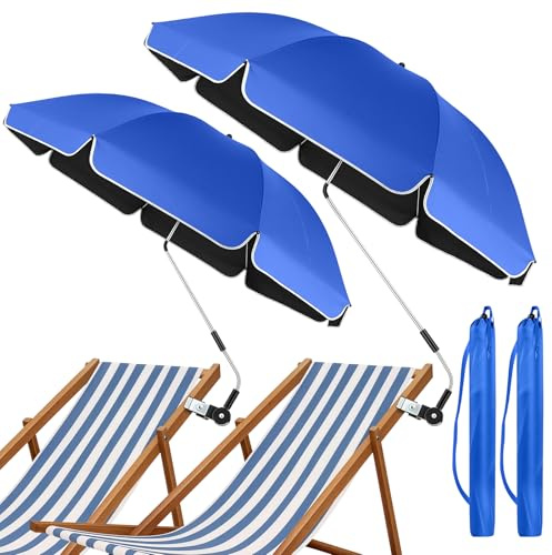 2PCS Sombrilla Playa para Silla con Abrazadera Universal, Paraguas para Silla Ajustable 360°, Protección UV SPF 50+, Paraguas Portátil con Clip para Sillas de Playa, Cochecito y Carrito de Golf